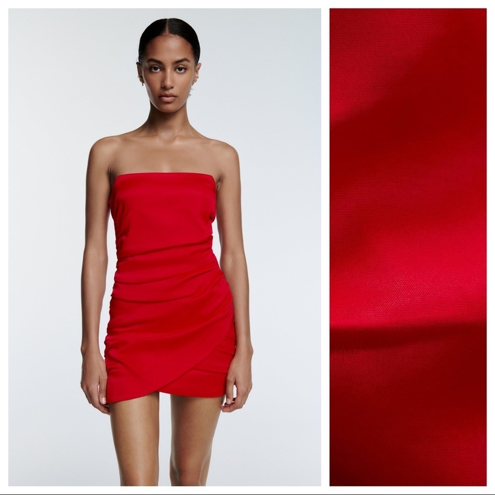 Zara Strapless Red Ruched Mini Dress - Picture 1 of 13